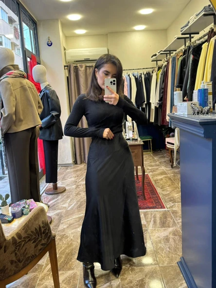 Saten Beli Lastikli Maxi Etek - Siyah ürün görseli 1