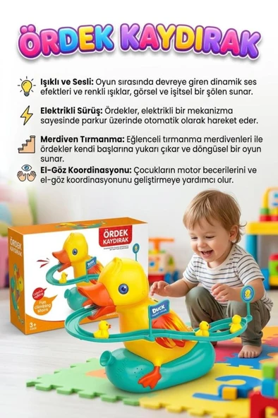 Pilli Işıklı Müzikli ve Otomatik Tırmanma Merdivenli Ördek Temalı Eğitici Oyuncak Kaydırak Seti ürün görseli 1