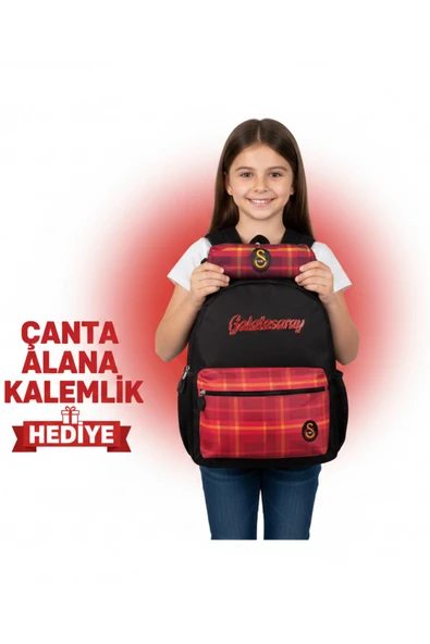 GALATASARAY LİSANSLI EKOSE KIRMIZI OKUL ÇANTASI YANINDA KALEMLİK HEDİYELİ ürün görseli 1