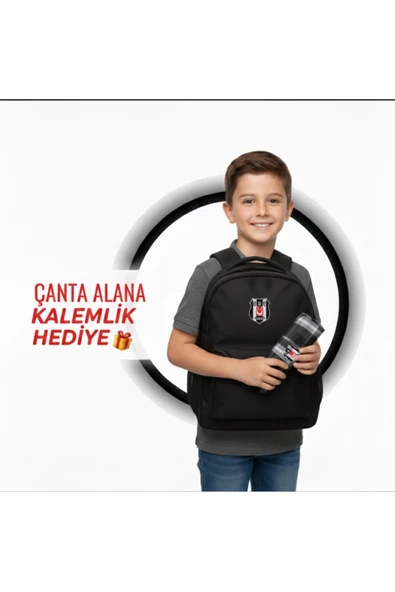 BEŞİKTAŞ SİYAH OKUL SIRT ÇANTASI YANINDA EKOSE KALEMLİK HEDİYELİ ürün görseli 1