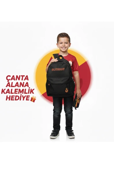 GALATASARAY LİSANSLI SİYAH OKUL ÇANTASI YANINDA ASLAN LOGOLU KALEMLİK HEDİYELİ ürün görseli 1