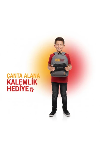 GALATASARAY LİSANSLI GRİ OKUL ÇANTASI YANINDA ÇİFT GÖZLÜ KALEMLİK HEDİYELİ ürün görseli 1