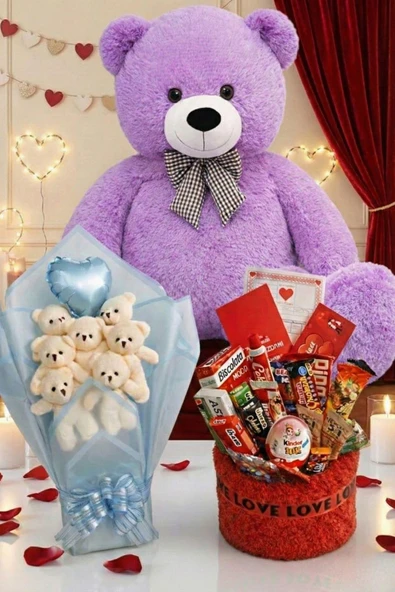 3’lü Sevgililer Günü Hediye Seti | 90 Cm Peluş Ayı, Love Çikolata Sepeti & Mavi Peluş Ayıcık Buketi ürün görseli 1