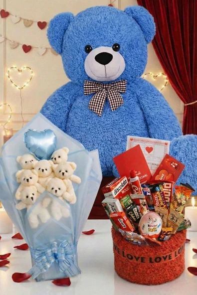 3’lü Sevgililer Günü Hediye Seti | 90 Cm Peluş Ayı, Love Çikolata Sepeti & Mavi Peluş Ayıcık Buketi ürün görseli 1