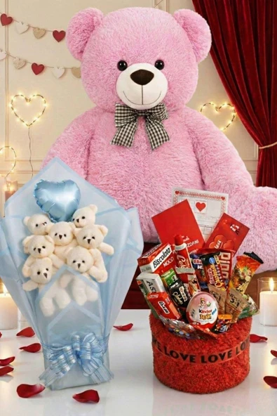 3’lü Sevgililer Günü Hediye Seti | 90 Cm Peluş Ayı, Love Çikolata Sepeti & Mavi Peluş Ayıcık Buketi ürün görseli 1
