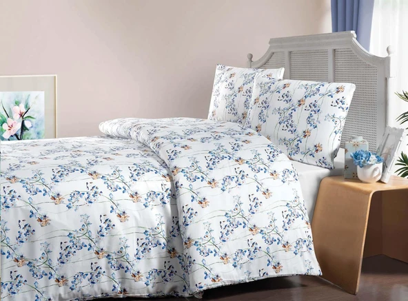 La Notte Saten Çift Kişilik Nevresim Takımı (Digital Baskı) Blue Flowers ürün görseli 1