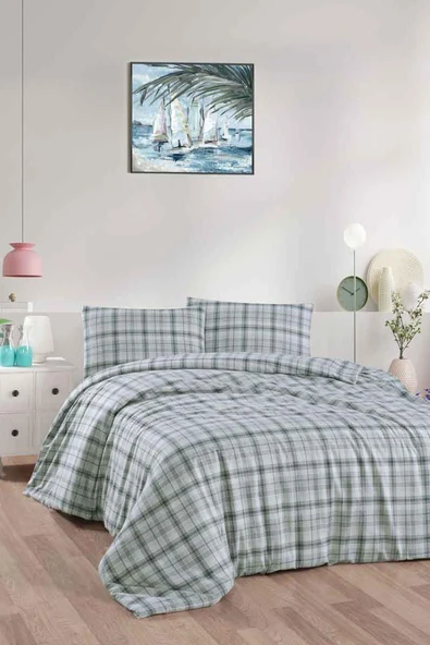 Cotton Collection Flanel R Çift Kişilik Nevresim Takımı Ekose Yeşil ürün görseli 1