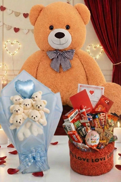 3’lü Sevgililer Günü Hediye Seti | 90 Cm Peluş Ayı, Love Çikolata Sepeti & Mavi Peluş Ayıcık Buketi ürün görseli 1