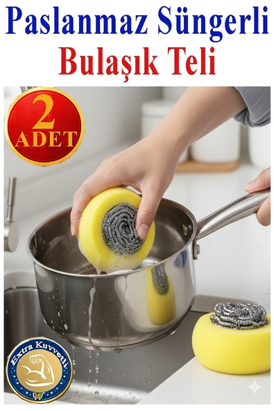 Süngerli Bulaşık Teli Ovma Teli 2 Adet Pratik Sünger Toptel Sürtme Teli Lavabo Mutfak Banyo Temizlik Teli Sert Yüzey ürün görseli 1