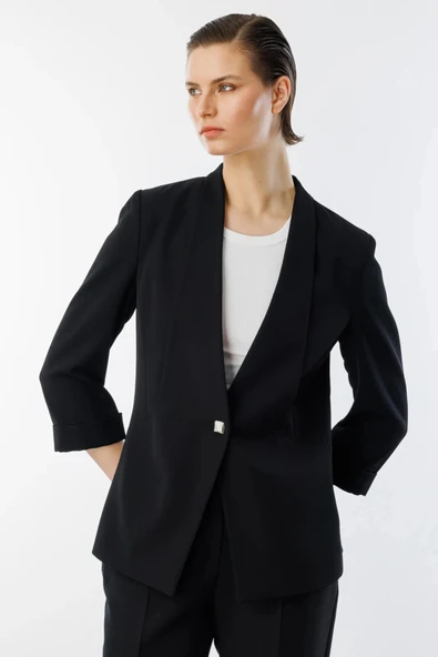 Ekol Kadın Tek Düğmeli Siyah Blazer Ceket 04128 - Resim 4