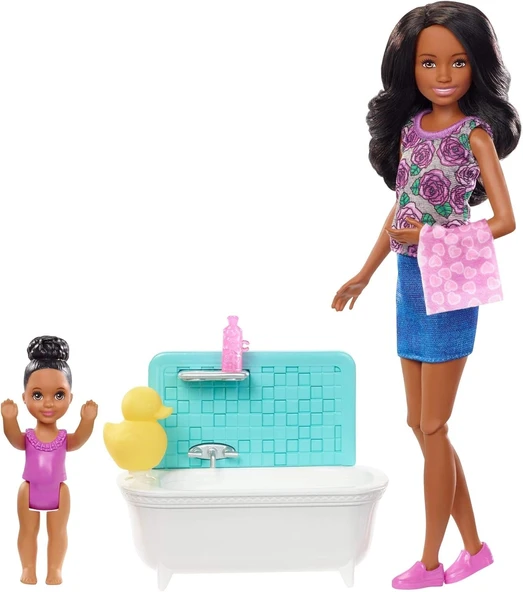 Barbie Bebek Bakıcısı Bebeği Minik Bebekler ve Banyo Aksesuarları Oyun Seti FXH06 ürün görseli 1