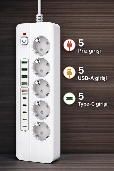 3500W Akım Korumalı 5’li Priz  5 USB-A  5 Type-C  20W Hızlı Şarj  Açma Kapama Anahtarlı  2 Metre Kablo ürün görseli 1