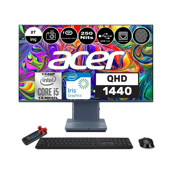 Aspıre S27-1755 Intel Core I5-1240P 16GB 1tb SSD 27" Wqhd 1440P Windows 11 Home Parmak Izi Okuyucu All In One Bilgisayar WHDQBKDEM002+ Zetta Flash Bellek ürün görseli 1