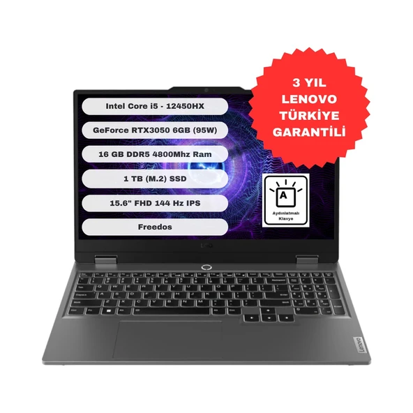 LOQ GTI1 15IAX9 Intel Core I5 12450HX 16 GB 1tb SSD RTX3050 Freedos 15.6" Fhd Taşınabilir Bilgisayar 83GS00QBTR ürün görseli 1