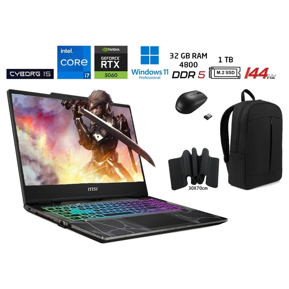 Msı cyborg 15 B13WFKG-490XTR Intel Corei7 13620H 32GB 1tbssd RTX5060 W11PRO 15.6" Fhd 144Hz Duddi Çanta+Mouse+Mousepad ürün görseli 1