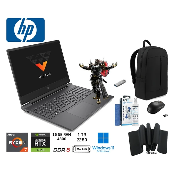 Victus Amd Ryzen 7-8845HS 16GB 1tb SSD RTX4060 8gb 15.6" W11PRO Fhd 144Hz Gaming B82N5EA+DUDDI Çanta+Mouse+Mousepad+Usbbellek+Temizlikkit ürün görseli 1