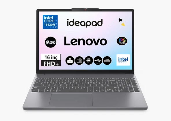 Lenovo Ideapad Slim 3 16IRH10 Intel Core I7 13620H 16GB 1TB SSD Freedos 16'' FHD Taşınabilir Bilgisayar 83K2001VTR ürün görseli 1
