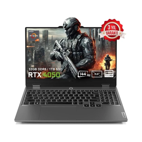 LOQ 15ARP9 83JC00FHTRv3 AMD Ryzen 7-7435HS 32GB DDR5 1TB SSD RTX4050 6GB 15.6 inç 144Hz Full HD FreeDos Gaming Laptop ürün görseli 1