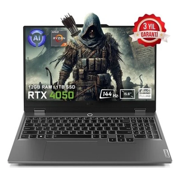 Loq 15ARP9 83JC00E3TR Amd Ryzen 7-7435HS 12GB Ddr5 1tb SSD RTX4050 6gb 15.6 Inç 144Hz Full Hd Freedos Gaming Laptop ürün görseli 1