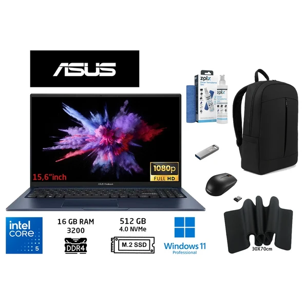 Vivobook 15 X1504VA-NJ3665 Intel Core 5 120U 16GB Ram 512GB SSD W11PRO 15.6"duddı Çanta+Mouse+Mousepad+Usbbellek+Temizlikkit ürün görseli 1