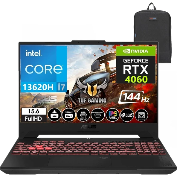 Tuf Gaming FX507VV-LP243 13. Nesil Intel I7-13620H 16GB Ddr5 Ram 512GB SSD WINDOWS11HOME 15.6 Inç Fhd 144Hz 8gb RTX4060 140W Taşınabilir Bilgisayar FX507VV-LP24317+WEBLEGELSINÇANTA ürün görseli 1
