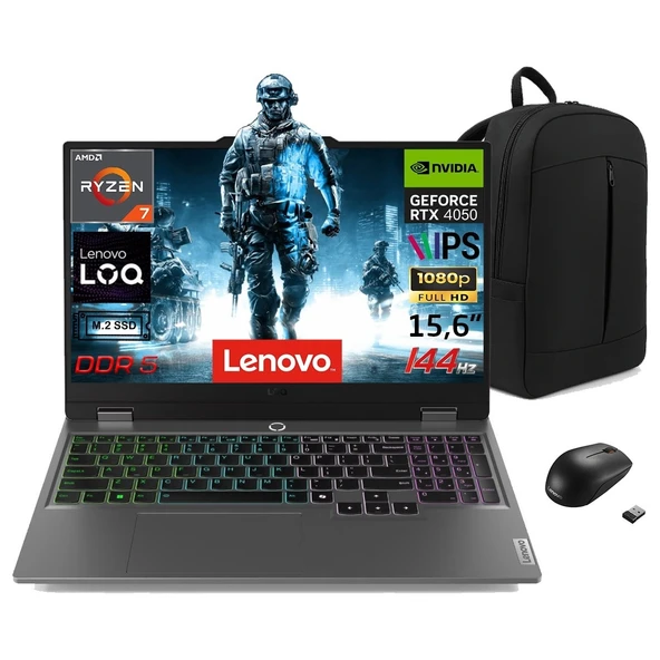loq 15ARP9 83JC00E3TR Amd Ryzen 7-7435HS 24GB Ddr5 512GB SSD Rtx 4050 6gb 105W 15.6 Inç 144Hz Full Hd W11PRO Gaming Laptop Snertech Çanta+Mouse ürün görseli 1