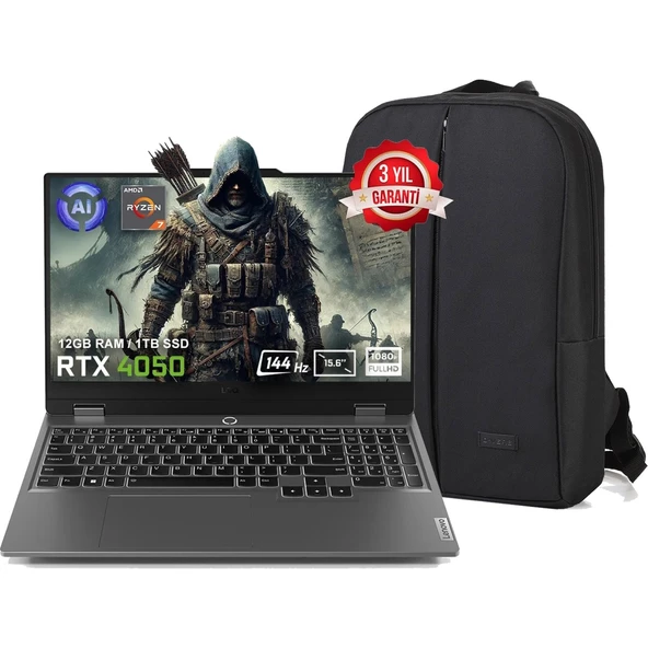 Loq 15ARP9 83JC00E3TR FR97 Amd Ryzen 7-7435HS 12 GB Ddr5 1 Tb SSD RTX4050 6gb 105W 15.6" 144Hz Fhd Windows 11 Home Gaming Laptop + Çanta ürün görseli 1
