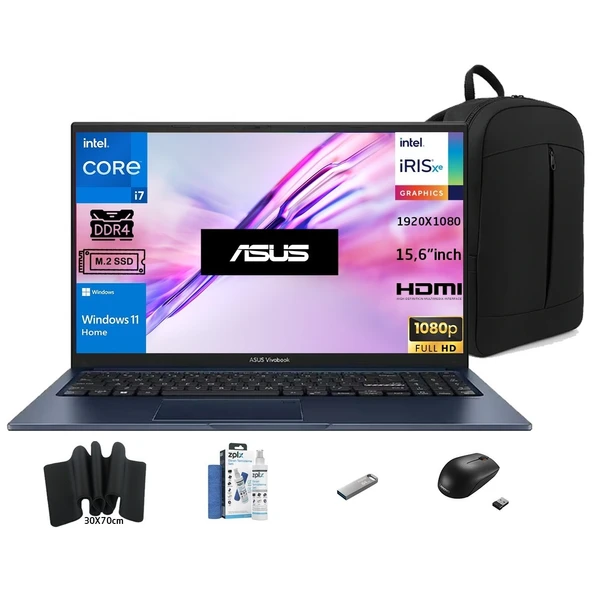 Vivobook 15 X1504VA-NJ426W Intel I7-1355U 32GB 512GB SSD 15.6" Fhd W11H Sner Çanta+Mouse+Mousepad+Usbbellek+Temizlikkit ürün görseli 1