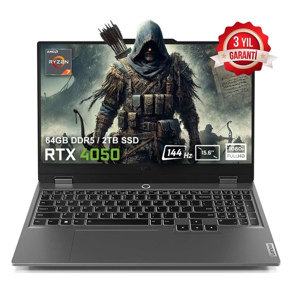 LOQ 15ARP9 83JC00E3TRv6 AMD Ryzen 7-7435HS 64GB DDR5 2TB SSD RTX 4050 6GB 105W 15.6 inç 144Hz Full HD FreeDos Gaming Laptop ürün görseli 1