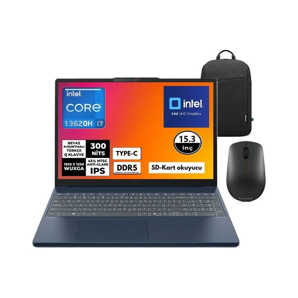 Ideapad Slim 3 I7-13620H 16GB Ddr5 1tb SSD Wuxga 15.3" IPS Windows 11 Pro Taşınabilir Bilgisayar 83K10061TR Snertech Çanta+Mouse ürün görseli 1