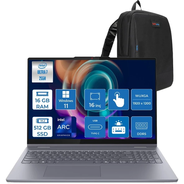 Ideapad 5 2-In-1 16AIL10 Intel Core Ultra 7 255H Aı 16GB 512GB SSD 16" Wuxga IPS 300NITS Intel® Arc™ 140T WIN11HOME Dokunmatik +Digital Pen2 Taşınabilir Bil 83KS002ATRH02+ZETTAÇANTA ürün görseli 1