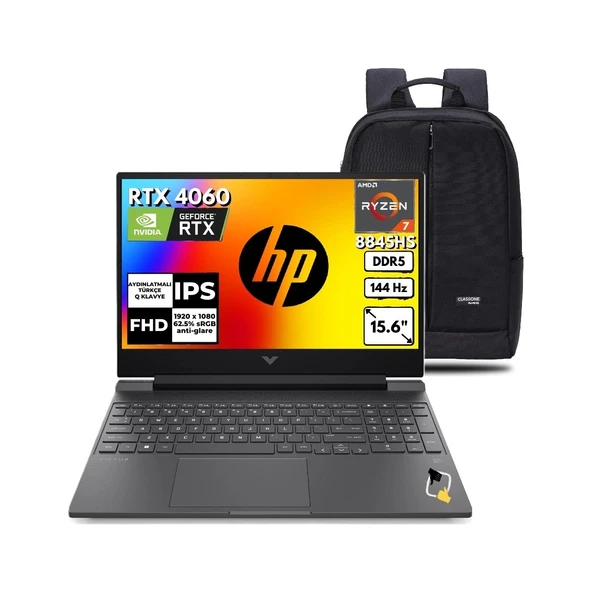 Victus Gaming Laptop 15-FB3008NT Amd Ryzen 7-8845HS 16GB 512GB RTX4060 144Hz 15.6 Windows 11 Pro B82N5EA+SNERTECH Çanta ürün görseli 1