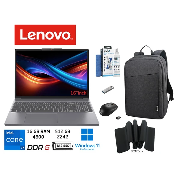 Ideapad Slim 3 Intel Core I7 13620H 16GB 512GB SSD 16"wuxga IPS W11PRO Taşınabilir Bilgisayar 83K2001VTR Duddı Çanta+Mouse+MousePad+UsbBellek+TemizlikKit ürün görseli 1