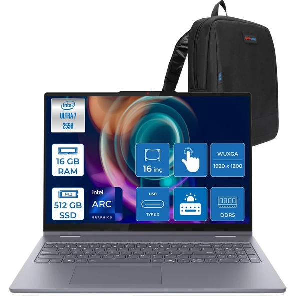 Ideapad 5 2-In-1 16AIL10 Intel Core Ultra 7 255H Aı 16GB 512GB SSD 16" Wuxga IPS 300NITS Intel® Arc™ 140T Freedos Dokunmatik +Digital Pen2 Taşınabilir Bil 83KS002ATRF02+ZETTAÇANTA ürün görseli 1