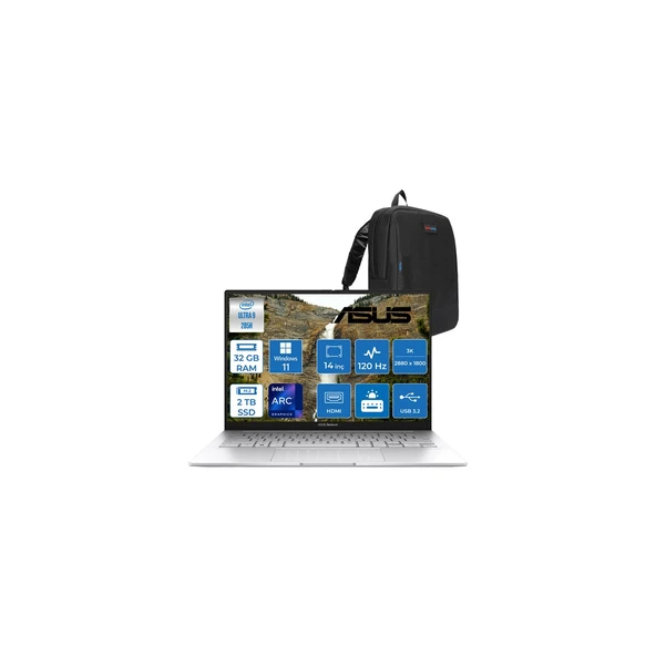 Zenbook 14 Intel Core Ultra 9 285H 32GB LPDDR5X 2tb 14" 3k OLED 120Hz 600NIT Intel Arc Graphics Windows 11 Home Taşınabilir Bilgisayar UX3405CAH03 + Zettaçanta ürün görseli 1