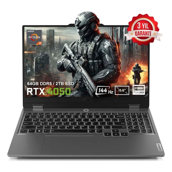 Loq 15ARP9 83JC00FHTRV7 Amd Ryzen 7-7435HS 64GB Ddr5 2tb SSD RTX4050 6gb 105W 15.6 Inç 144Hz Full Hd Freedos Gaming Laptop ürün görseli 1