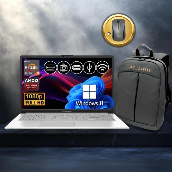 Vivobook Go 15 RYZEN5-7520U 8gb 512GB Nvme SSD E1504FA-BQ1741 ATL29 15.6" WIN11PRO Notebook+Çanta+Mouse ürün görseli 1