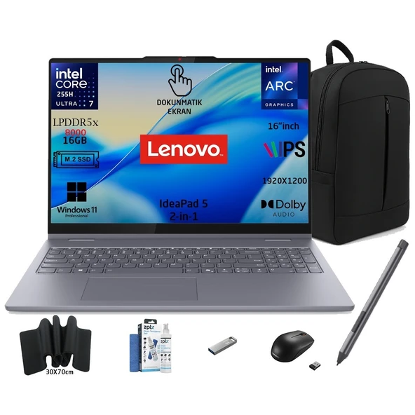 ıdeapad 5 2 In 1 16IAL10 Intel® Core Ultra 7 255H 16GB 256GB SSD 16" Touch 83KS002ATR W11PRO Dokunmatik Bilgisayar Snertech Çanta+Mouse+Mousepad+Usbbellek+Temizlikkit ürün görseli 1