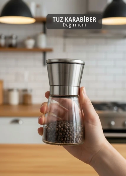 Minimalist 13 cm Cam ve Çelik Tuz Karabiber Değirmeni – Pratik Baharat Öğütücü ürün görseli 1