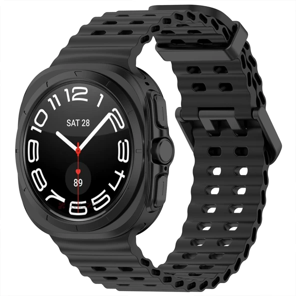Samsung Galaxy Watch 7 Ultra İle Uyumlu AirFlow Metal Tokalı Yumuşak Soft Silikon Kordon  Siyah ürün görseli 1