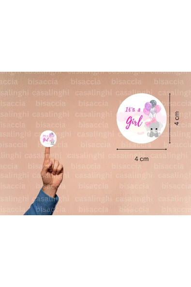 İngilizce Kız Bebek Etiketi It is a Girl Cinsiyet Partisi Çocuk Pembe Fil Mat Sticker 4 Cm (90 Adet) ürün görseli 1