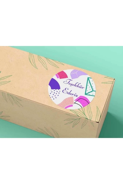 Mor Pembe Teşekkür Ederiz Etiketi Renkli Geometrik Şekiller Yuvarlak Mat Sticker 3 Cm - 200 Adet ürün görseli 1