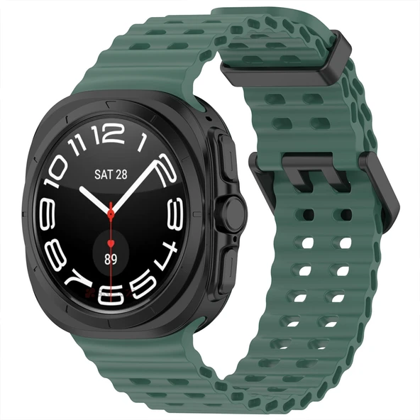 Samsung Galaxy Watch 7 Ultra İle Uyumlu AirFlow Metal Tokalı Yumuşak Soft Silikon Kordon  Haki ürün görseli 1