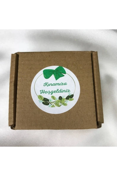 Kına Sticker Yeşil Fiyonk Yapraklar Kınamıza Hoşgeldiniz Mat Etiket 4 Cm - 40 Adet ürün görseli 1