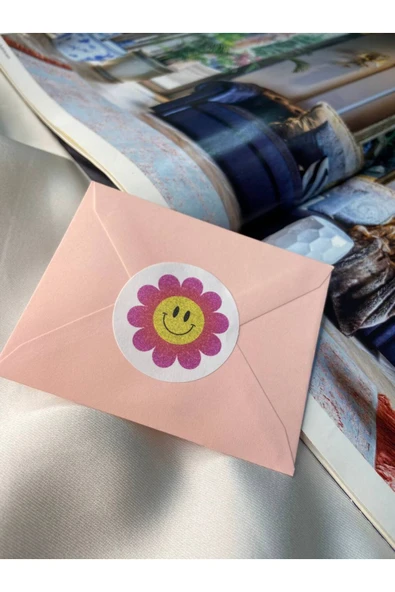 Pembe Papatya Etiketi Gülümseyen Surat Yuvarlak Mat Sticker 4 Cm (100 Adet) ürün görseli 1