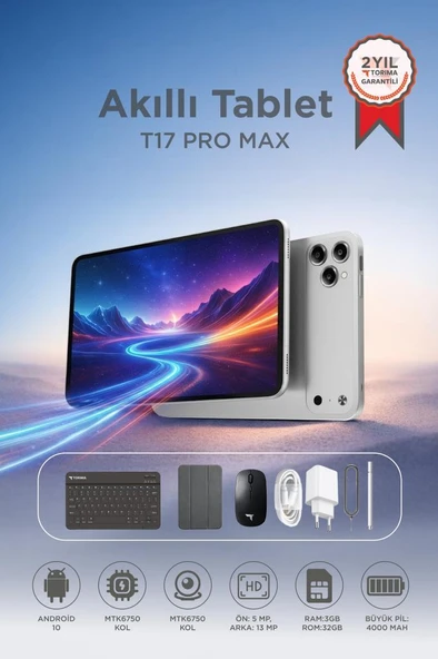 Android Tablet Kalem Klavye Mouse Full Set SIM Kartlı BTK Kayıtlı 10.1 İnç T17 Pro Max Gümüş ürün görseli 1