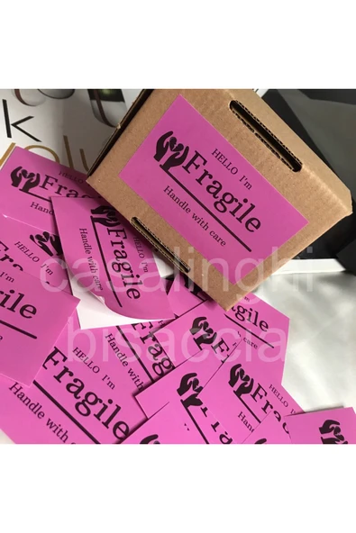 Fragile Handle With Care Dikkat Kırılır Ingilizce Pembe Etiket 8,1x5 Cm - (40 ADET) ürün görseli 1