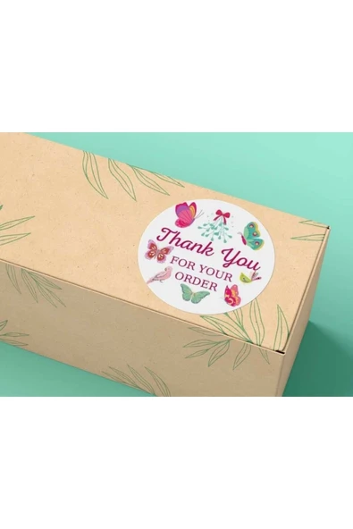 Pembe Thank You Order Sticker Mat Siparişiniz Için Teşekkürler Etiketi Kelebekler 4 Cm-40 Adet ürün görseli 1