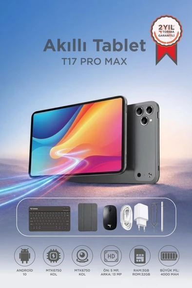 Android Tablet Kalem Klavye Mouse Full Set SIM Kartlı BTK Kayıtlı 10.1 İnç T17 Pro Max Koyu Gri ürün görseli 1