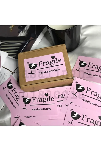 Fragile Handle With Love Dikkat Kırılır Pembe Etiket Ingilizce 8,1x5 Cm - (20 ADET) ürün görseli 1